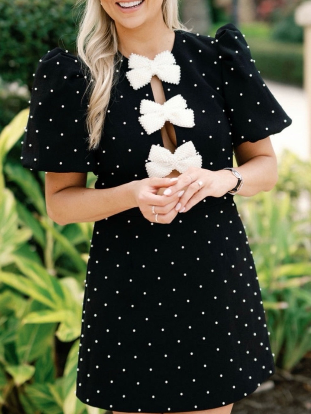 Size 8 - Rebecca Vallance - Black Dress with Pearl Bow and Bead Embellishments